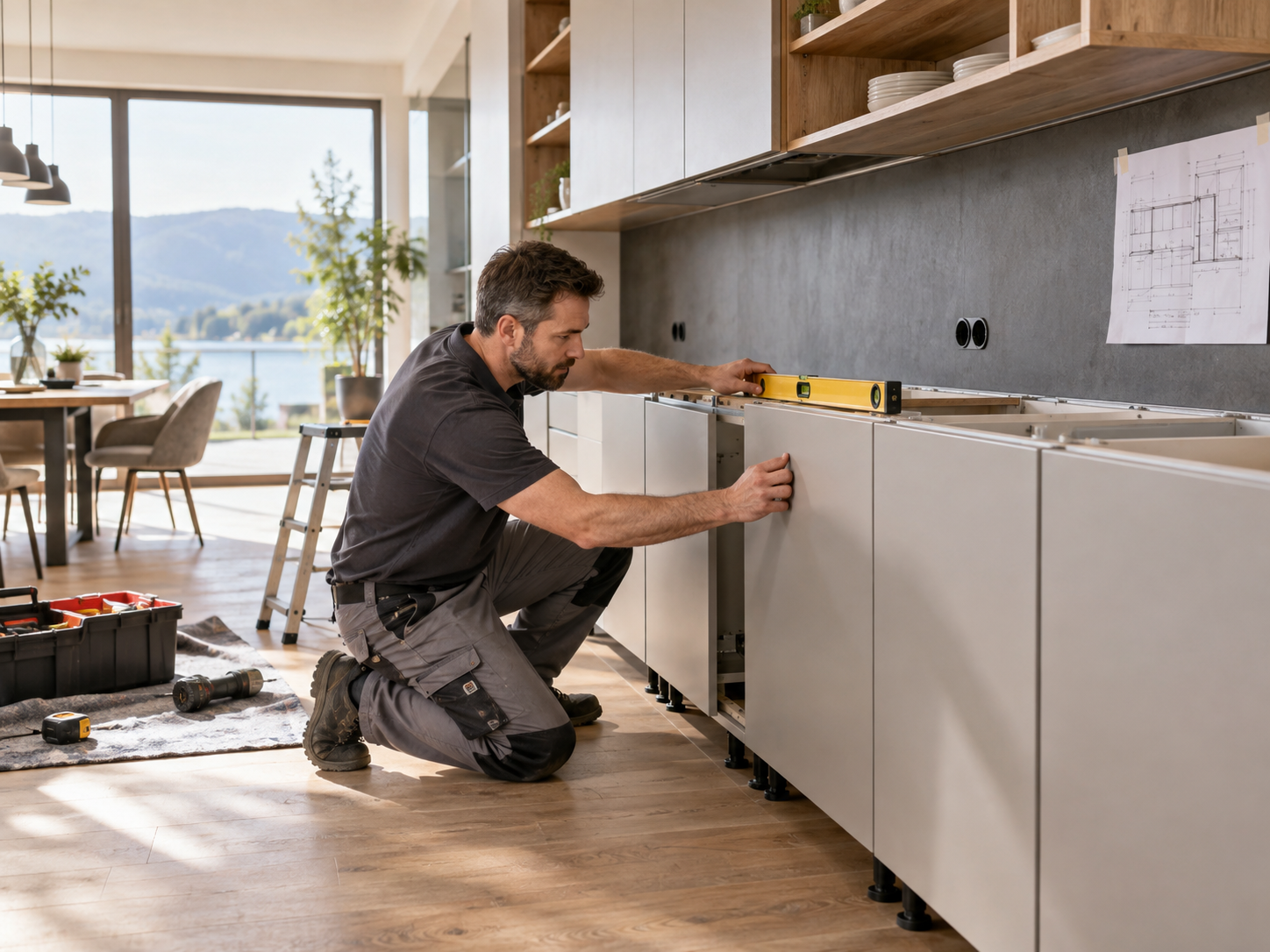 Handwerker montiert eine moderne Küche